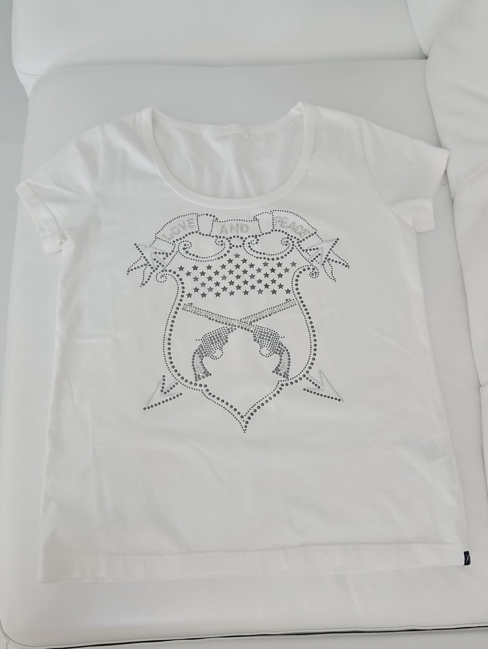 White Short Sleeve Tee with Studded Love And Peace Crest Detail